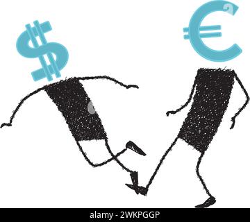 Illustrazione con due figure del bastone, una ha in mente il segno del dollaro, l'altro simbolo dell'euro. L’euro ha fatto scattare il dollaro. Illustrazione Vettoriale