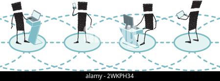 Sagome di un gruppo di figure di bastoni collegate tra loro in fila. Ognuno utilizza un dispositivo mobile diverso (cellulare, laptop, tablet, PC) Illustrazione Vettoriale