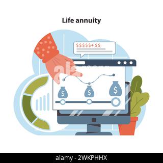 La piattaforma interattiva mostra il concetto di rendita a vita, con aggiustamento manuale della crescita monetaria, garantendo un reddito stabile durante il pensionamento. Un futuro sicuro. Illustrazione vettoriale piatta. Illustrazione Vettoriale