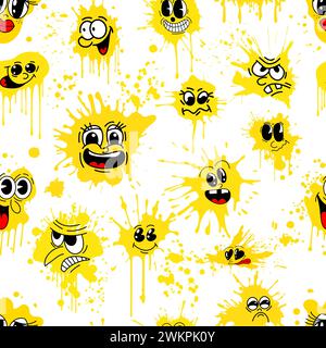 Emoticon di sfondo senza interruzioni . Set di blot di facce gialle delle persone. disegno a mano. Non IA. Illustrazione vettoriale Illustrazione Vettoriale