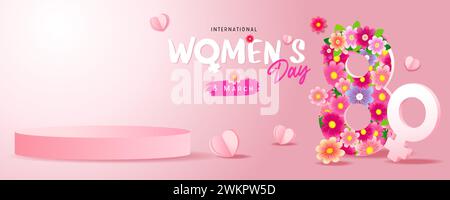 Banner promozionale International Womens Day dell'8 marzo per la dimostrazione del prodotto. Modello di shopping Happy Women's Day con fiori e cuori di carta dolce Illustrazione Vettoriale