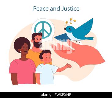 Pace e giustizia. Promuovere l'armonia globale e la lecita equità. Emblemi della tranquillità per la coesione sociale. Illustrazione vettoriale piatta Illustrazione Vettoriale