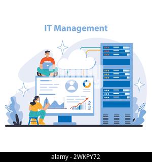 Concetto di tecnologie e processi operativi. Sistemi di rete efficienti e cloud computing nelle aziende moderne. Analisi dei dati e sicurezza dell'infrastruttura. Illustrazione vettoriale piatta. Illustrazione Vettoriale