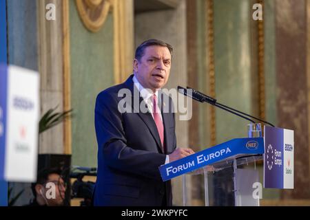 Madrid, Spagna. 22 febbraio 2024. Luis Planas, Ministro dell'Agricoltura, della pesca e dell'alimentazione, parla durante una colazione informativa organizzata dal New Economy Forum di Madrid. Credito: SOPA Images Limited/Alamy Live News Foto Stock