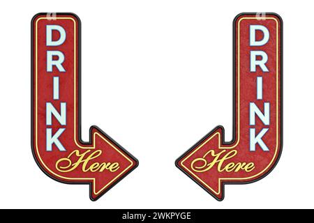 Vintage Rusty Metal drink qui Arrow Sign su sfondo bianco. Rendering 3d. Foto Stock