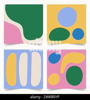 Set di sfondi artistici disegnati a mano. Semplici forme organiche e scarabocchi. Collezione contemporanea di modelli per banner quadrati vettoriali. Illustrazione Vettoriale