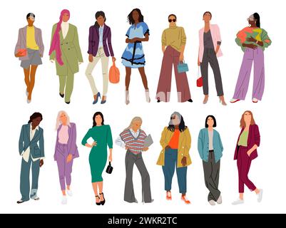 Diverse ragazze moderne in un outfit da ufficio casual. Illustrazione Vettoriale