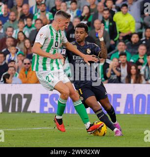 Siviglia, 12/09/2023. Partita 16 EA Sports League. Stadio Benito Villamarín. Real Betis, Real Madrid. Altimira combatte per un ballo contro Rodrygo. Foto: Manuel Gómez. Archsev. Crediti: Album / Archivo ABC / Manuel Gómez Foto Stock