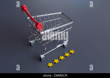 Carrello della spesa e classificazione a cinque stelle. Copia spazio. Recensione di shopping online, concetto di esperienza di shopping. Foto Stock