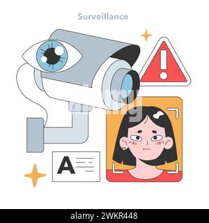 Una telecamera di sorveglianza accattivante monitora da vicino il profilo digitale di una donna, sottolineando la natura inquietante delle tecnologie invasive e delle violazioni dei dati personali. Illustrazione vettoriale piatta Illustrazione Vettoriale