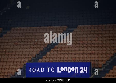 Milano, Italia. 20 febbraio 2024. Uno sceen mostra la scritta "Road to London 24" alla fine della partita di calcio della UEFA Champions League tra FC Internazionale e Club Atletico de Madrid. Crediti: Nicolò campo/Alamy Live News Foto Stock