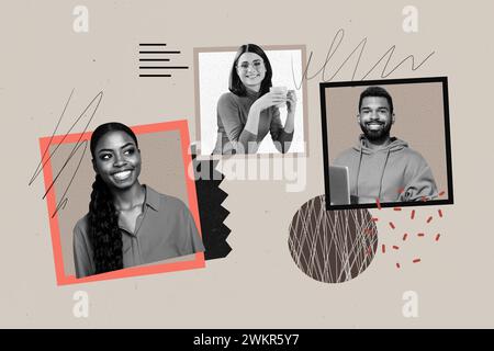 Foto collage creativo colleghi giovani e spensierati dipendenti ritratti cornici allegri umore positivo disegnando sfondo Foto Stock