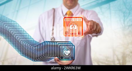 Medico non riconoscibile che accede al blocco di immissione più recente in una blockchain sanitaria. Concetto di gestione dei dati sanitari per virtuali distribuiti Foto Stock