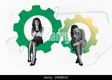 Collage fotografico creativo due giovani colleghi seduti donne turbate paura reazione ansia apatia problemi di lavoro fallimento aziendale ruote dentate Foto Stock