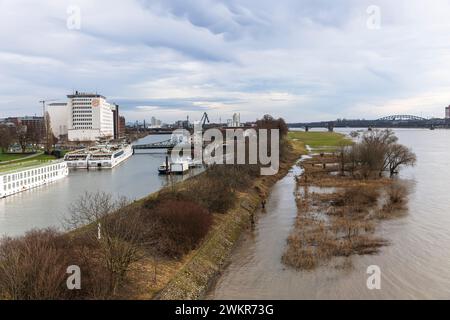 Il porto del Reno nel distretto di Deutz, il mulino Auer e il mulino Ell, il ponte girevole, vista a sud, alluvione, Colonia, Germania. Der Deutzer, Die Foto Stock