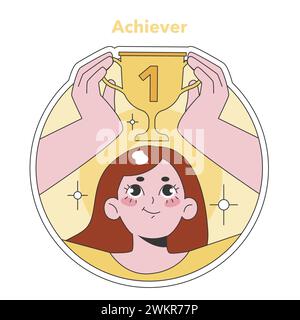 Illustrazione di tipo Enneagram Achiever. Un personaggio ambizioso e orientato all'eccellenza che detiene un trofeo, che rappresenta il successo e il successo. Ideale per temi motivazionali. Illustrazione vettoriale piatta Illustrazione Vettoriale