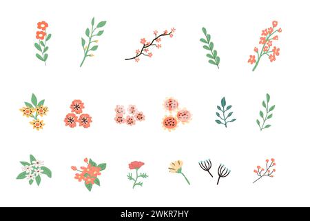 Set primaverile di fiori e rami - elementi floreali per il design. Illustrazione vettoriale in stile piatto. Animali primaverili e rami, case per uccelli possono essere utilizzati per carte, adesivi, poster, modelli. banner Illustrazione Vettoriale