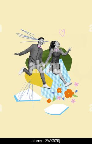 Poster collage di gente allegra e felice che si tiene per mano che cammina insieme isolato su uno sfondo di disegno Foto Stock