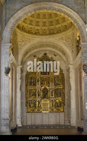 Spagna, Toledo. Chiesa di San Román. Costruito in stile Mudejar nel XIII secolo. Pala d'altare della Cappella principale. Legno policromo. Datata intorno al 1552, la sua paternità è attribuita a Diego Velasco de Avila, in seguito alla Scuola di Berruguete. Foto Stock