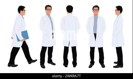 Personaggio medico maschile isolato in pose diverse. Illustrazione Vettoriale