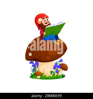 Gnomi da cartoni animati o personaggi nani che leggono, seduti su un enorme fungo. Personaggio immaginario vettoriale isolato immerso in un libro, affascinato dai racconti magici all'interno delle pagine, in una foresta fiabesca Illustrazione Vettoriale