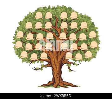 Albero genealogico o ramo storico ascendenze con cornici per foto e modello vettoriale. Albero genealogico con immagine vuota e nastri di nome con connessione di relazione genitori per genealogia di generazione Illustrazione Vettoriale