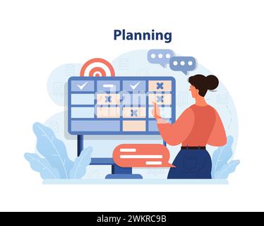 Concetto di pianificazione. Donna che imposta i compiti sul calendario, organizza il programma verso l'obiettivo. Gestione del tempo. Preparazione strategica. Raggiungimento degli obiettivi. Illustrazione vettoriale piatta Illustrazione Vettoriale