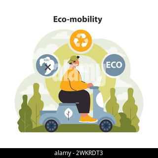 Concetto di eco-mobilità. Uomo che guida uno scooter sostenibile in un ambiente verde, promuovendo basse emissioni di carbonio e riciclando. Viaggia verso un trasporto più pulito. Spostamenti ecologici. Illustrazione Vettoriale