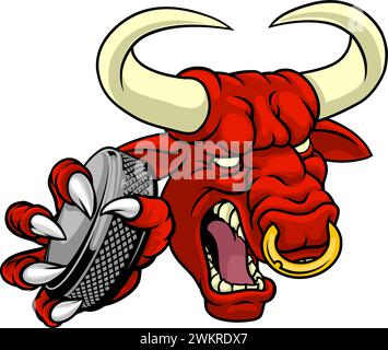 Mascotte di Hockey su ghiaccio Bull Minotaur Longhorn Cow Illustrazione Vettoriale