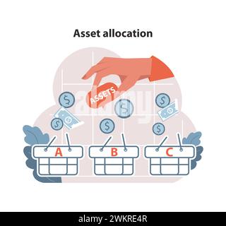 Concetto di allocazione delle risorse. Distribuzione manuale delle risorse finanziarie tra i cestini etichettati per una strategia di investimento diversificata. Gestione e diversificazione del portafoglio. Illustrazione vettoriale piatta Illustrazione Vettoriale