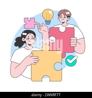 Concetto di collaborazione per la risoluzione dei problemi. Due persone che indossano pezzi di puzzle di grandi dimensioni, circondate da simboli di generazione di idee e successo. Creare soluzioni insieme. Illustrazione vettoriale piatta Illustrazione Vettoriale