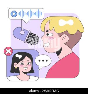La coinvolgente scena podcast mostra un animato ospite maschile, un simbolo di onda audio e un ascoltatore femminile. Immergiti in esperienze audio interattive. Illustrazione vettoriale piatta. Illustrazione Vettoriale