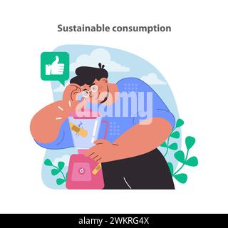 Concetto di consumo ragionevole. Evidenziare lo shopping consapevole e la riduzione degli sprechi. Incoraggia un uso ponderato del prodotto. Illustrazione vettoriale piatta. Illustrazione Vettoriale