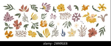 Set di elementi floreali disegnati a mano, forme astratte Illustrazione Vettoriale