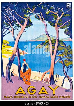 Poster da viaggio vintage. Agay Côte d'Azur, Francia di Roger Broders, CA. 1930 anni Spiagge estive e invernali sulla Costa Azzurra Foto Stock