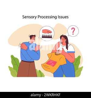 Descrizione approfondita dei problemi di elaborazione sensoriale, catturando la confusione e il disagio che devono affrontare gli individui con sensibilità sensoriali. Illustrazione vettoriale piatta Illustrazione Vettoriale