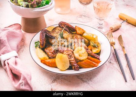 Pollo arrosto con patate, verdure e insalata su un tavolo Foto Stock