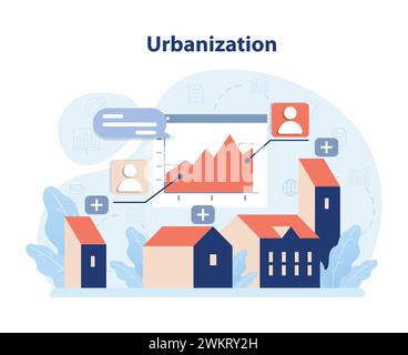 Espansione della città e visualizzazione della crescita basata sui dati. Concetto di urbanizzazione che mostra case, statistiche della popolazione e tendenze di sviluppo della città. Paesaggi urbani sostenibili in evoluzione. Illustrazione vettoriale piatta Illustrazione Vettoriale