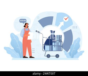 Modern Recycling Initiative Concept. Donna in abbigliamento da lavoro accanto al carrello della spesa riempito di materiali riciclabili selezionati, sottolineando la corretta separazione dei rifiuti. Smaltimento efficiente, sostenibilità urbana Illustrazione Vettoriale