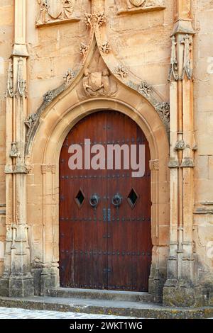 Porta gotica in legno in stile gotico della vecchia cattedrale. Foto Stock