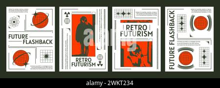 Poster retrò futuristici con silhouette da donna. Illustrazione vettoriale realistica di volantini estetici y2k, selfie femminili, icone del pianeta accese Illustrazione Vettoriale