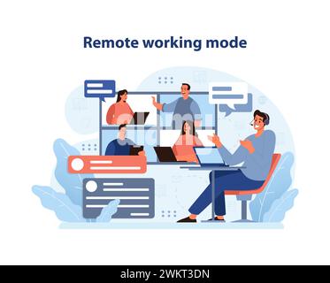 Modalità di lavoro remota. Un team dinamico si impegna nella collaborazione digitale in un ufficio virtuale, abbracciando la flessibilità del lavoro remoto. Illustrazione vettoriale piatta. Illustrazione Vettoriale
