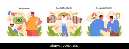 Concetto di assertività, risoluzione dei conflitti e competenze interpersonali. Impostazione dei confini, risoluzione dei problemi, comprensione reciproca. Essenziale per la crescita personale e professionale. Illustrazione vettoriale piatta Illustrazione Vettoriale