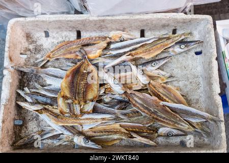Una piccola scatola di conserve di pesce essiccato per la vendita nella stalla del mercato Foto Stock