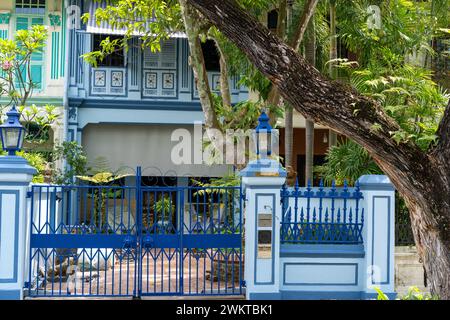 Il cancello in ferro battuto blu racchiude l'ingresso di una casa e un albero Foto Stock