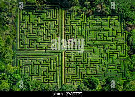 Droni vista panoramica di un labirinto o labirinto nei giardini formali di un cheatau francese. Foto Stock