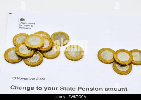 Cardiff, Galles - 1° gennaio 2024: Monete in sterline britanniche in aggiunta a una lettera del Dipartimento per il lavoro e le pensioni in merito a una modifica della pensione di Stato Foto Stock