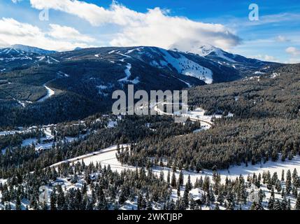 Vista aerea della strada che attraversa le montagne innevate con alberi di pino Foto Stock