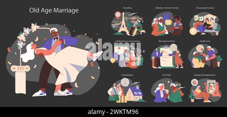 Matrimonio di vecchiaia. Coppia anziana eccitata. Persone anziane che frequentano e costruiscono una famiglia. Compagnia e supporto per tutta la vita dei vecchi personaggi. Illustrazione vettoriale piatta Illustrazione Vettoriale