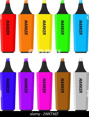 raccolta vettoriale di pennarelli isolati su sfondo bianco. strumenti didattici scolastici colorati. gruppo di icone dei pennarelli Illustrazione Vettoriale